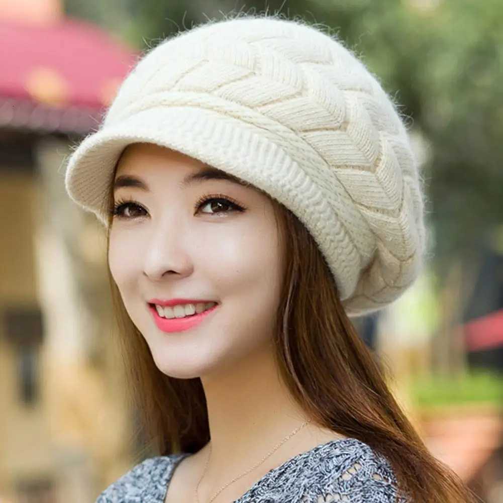 Womens Winter Solid Color Warm Knitting Loose Beret Leisure Ski C Korean Version Beret Plus Velvet Thick Knitting Ear C XJ250807