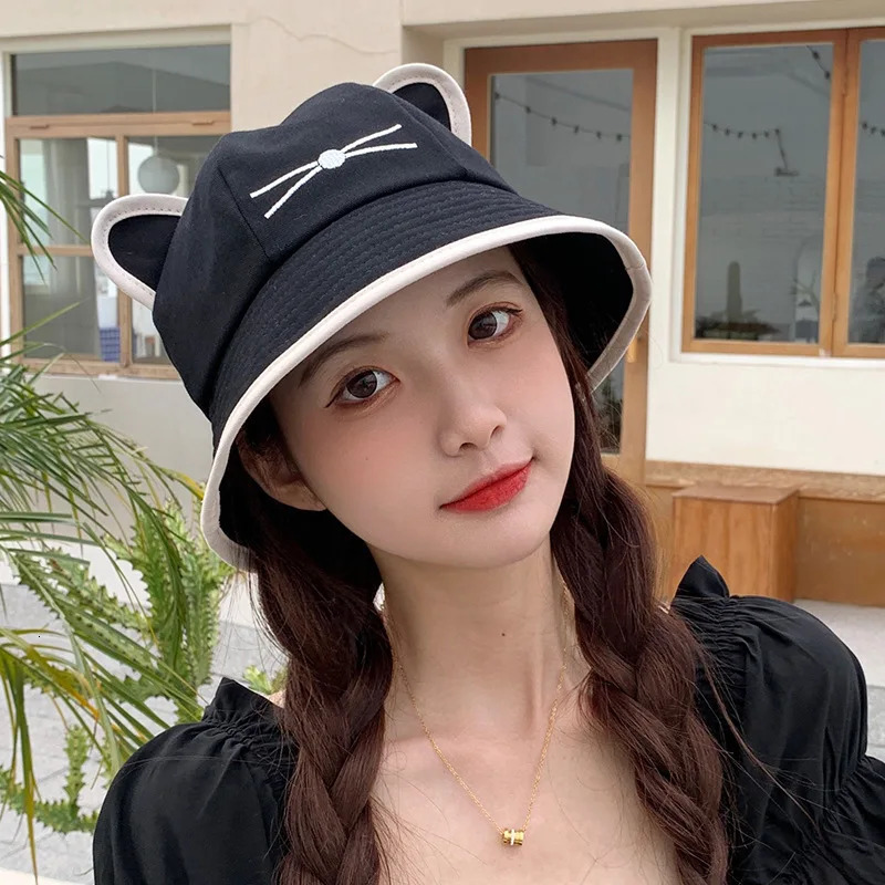 Korean Cartoon Cat Ear Bucket Hat Spring Summer Kawaii Beach Tour Sun Visor Hats Wide Brim Y2K Cotton Panama Cap 250805