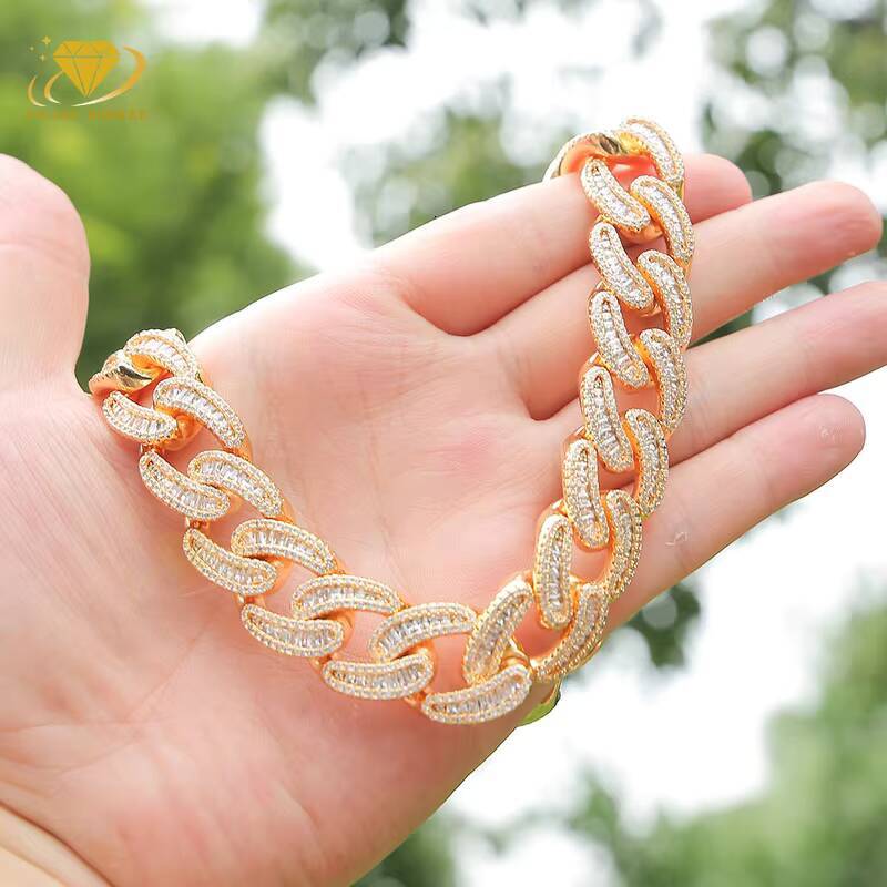 Hip Hop Custom Jewelry 18mm Baguette Rock Cuban Link 925 Silver Moissanite Iced Out Diamond Mens Necklace Bracelet Chain