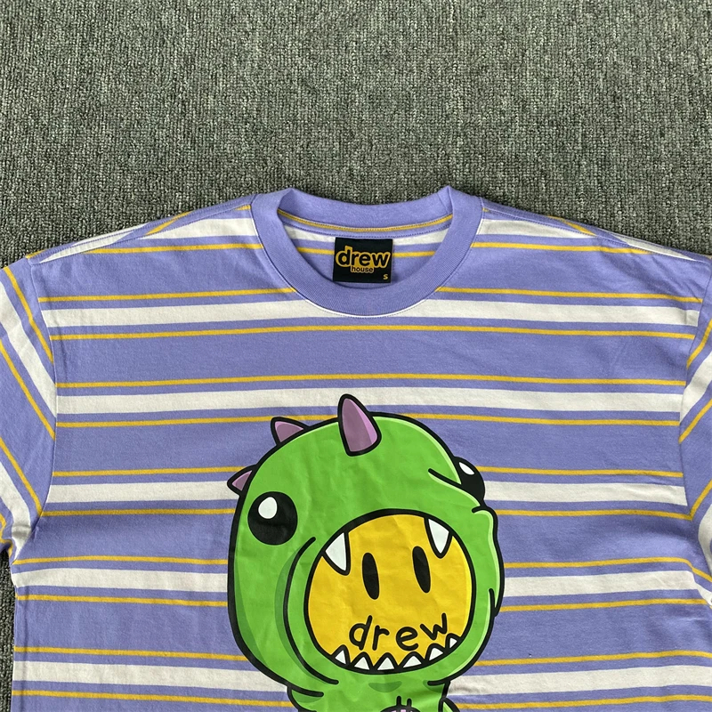 Drew House New Mens Clothing Striped purple T shirt men's and women's printed loose short sleeve T-shirt Designer luxury