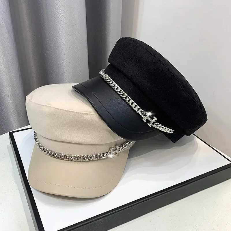 Autumn Winter Woolen Newsboy Hat for Women Vintage Solid Flat Top Berets with Chain Ladies Military Painters C 2022 XJ250807