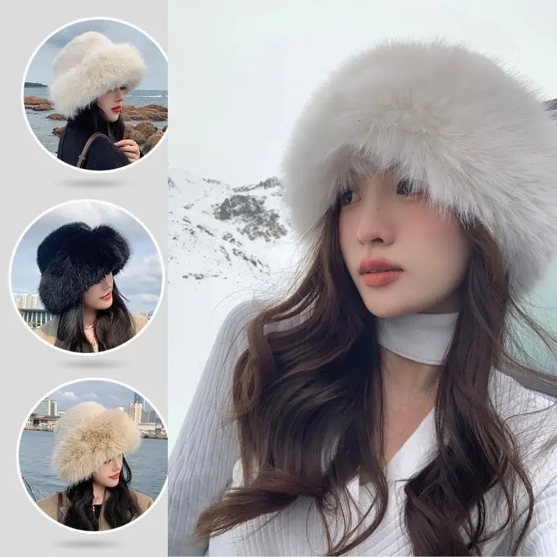 Y2K Fluffy Faux Fur Bucket Hat Women Rabbit Fur Warm Thick Plush Winter Hat Lady Fashion Furry Panama Fisherman Cap 250806