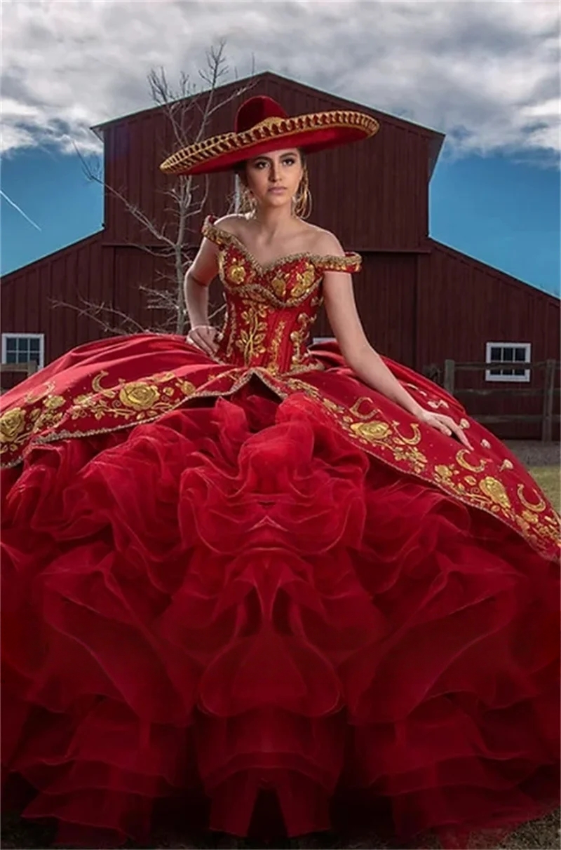 Mexican Red Ball Gown Quinceanera Dresses Bow Sweet 16 Dress Golden Embroidery Ruffles Tiers Skirt Birthday Party Wear Special Occasion