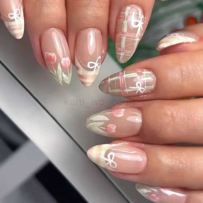 24pcs French Almond Press on Nails Flower Pattern Fake Nails False Nails Artificial Tips False Nails Uas Postizas Mujer Nail Tips M250807