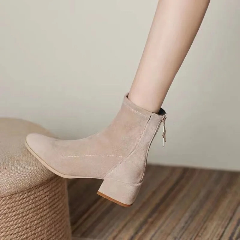 Booties Black Womens Ankle Boots Work Elegant with Medium Heels Short Shoes for Woman Suede Sale Gyaru Spring Autumn Footwear 250805