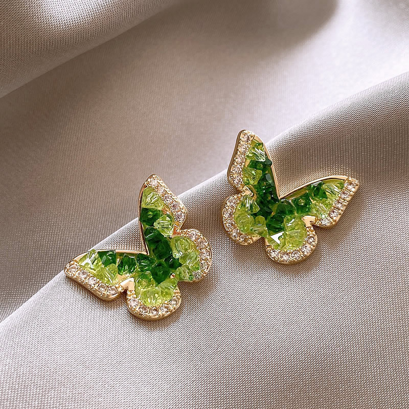 Free Shipping Designer Luxury Jewelry Green Crystal Butterfly Unique Women's Earrings Niche Temperament Studs High-end Fashion Accessories