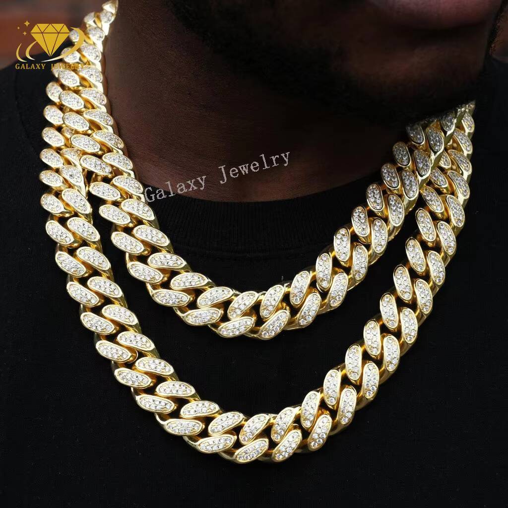 Fine Jewelry 925 Sterling Silver VVS Moissanite Diamond Iced Out 2rows Miami Cuban Link Chain Necklace for Hip Hop Men