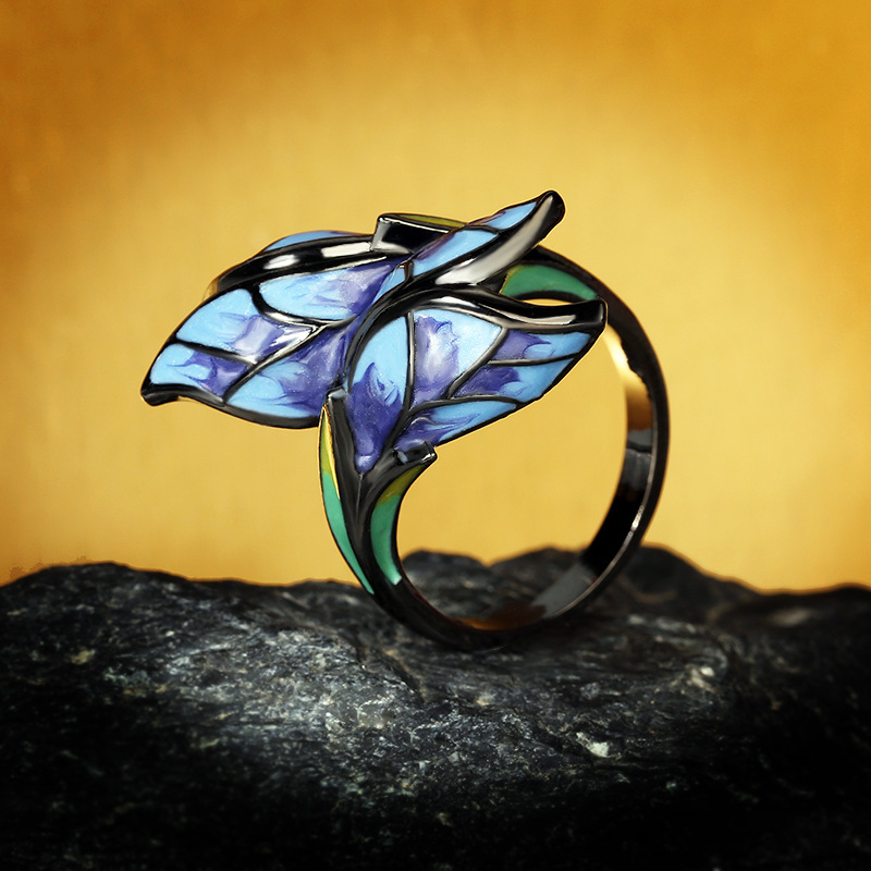 Black Tone Enamel Butterfly Wing Wing Ring With Blue And Green Color Accents Artistic And Fantasy Outfit Accessory Gift For Her Unique And Vibrant Jew