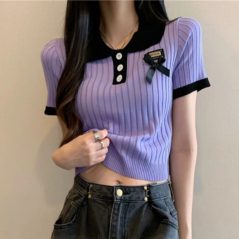 HELIAR Women Knitted Polo Neck Tshirts Short Sleeve Buttons Bowknot Sweet Top Patchwork Solid Shirt Beach Tees Spring Summer 250729