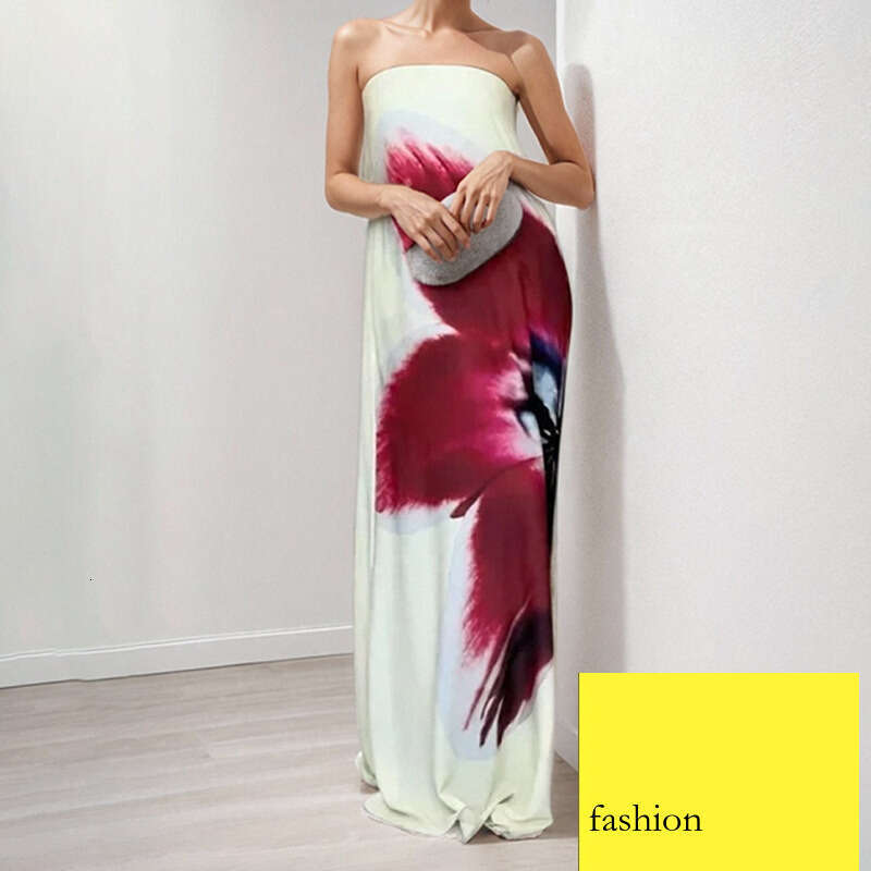 New Spring Women's Printed Strapless Backless High-Waisted Dress B5 h7