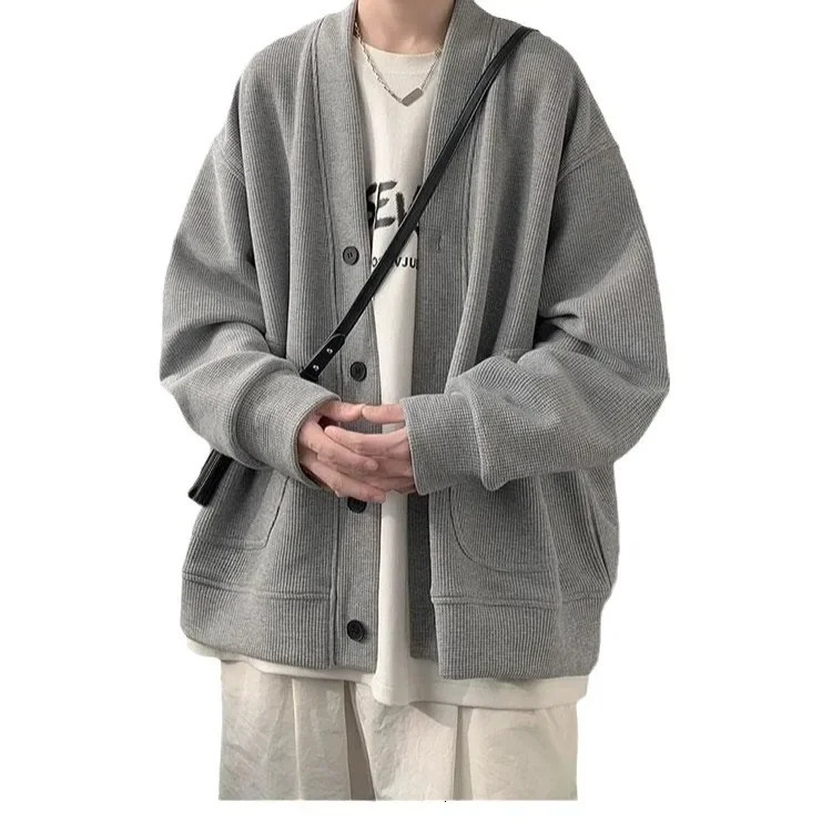 WalF Checks VNeck Cardigan Sweatshirt Mens Spring And Autumn Style American Vintage Heavyweight Hip Hop Trendy LooseFit 250807