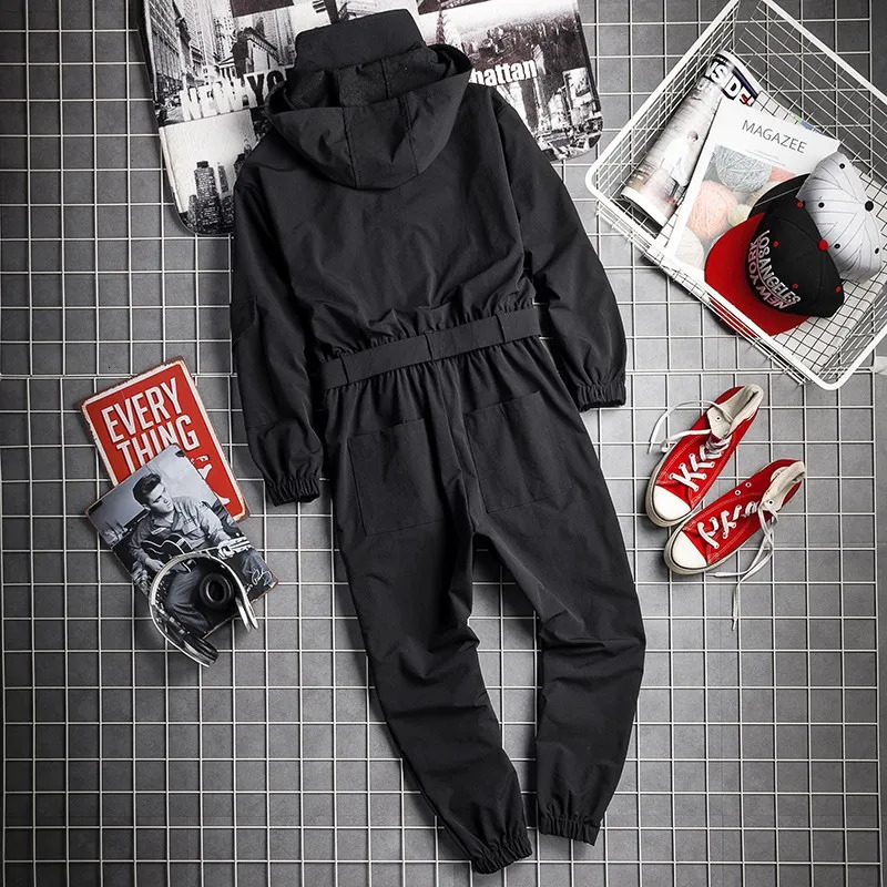Mens Hip Hop Cargo Jumpsuit Fashion Black Sashes Joggers Overalls Multi Pockets Work Rompers Streetwear Korean Clothes 250804