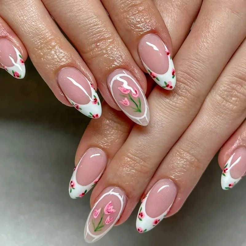 24pcs French Almond Press on Nails Flower Pattern Fake Nails False Nails Artificial Tips False Nails Uas Postizas Mujer Nail Tips M250807