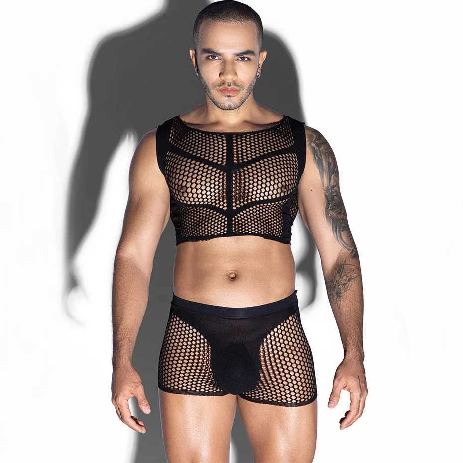 2 Pieces Sexy Lingerie Men Bodysuit Underwear Fishnet Bodysuit Top and Pants Set Bodystockings Erotic Lingerie Porno Costumes W250807
