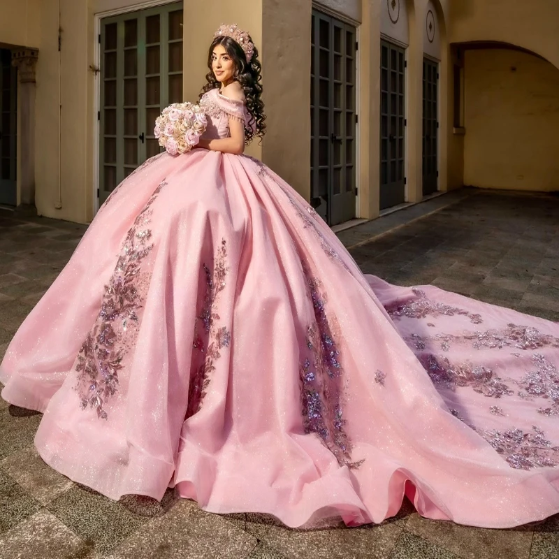 Pink Shiny Quinceanera Dresses Ball Gown Off The Shoulder Sequin Applique Lace Beads Tull Party Birthday Sweet 16 Dress Vestidos De15 Anos