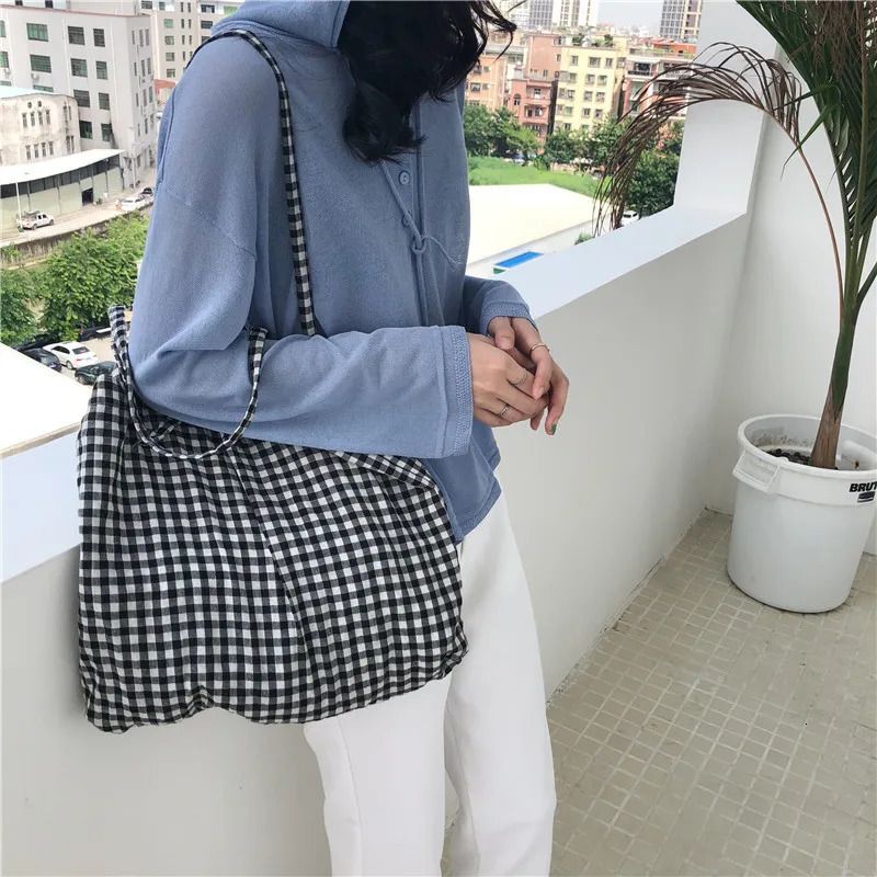 Canvas Bag Woman Casual Plaid Women Shopping Bag Large Capacity Cute Tote Handbags Cloth Double-sided Girls Frenum Shoulder Bags 250807
