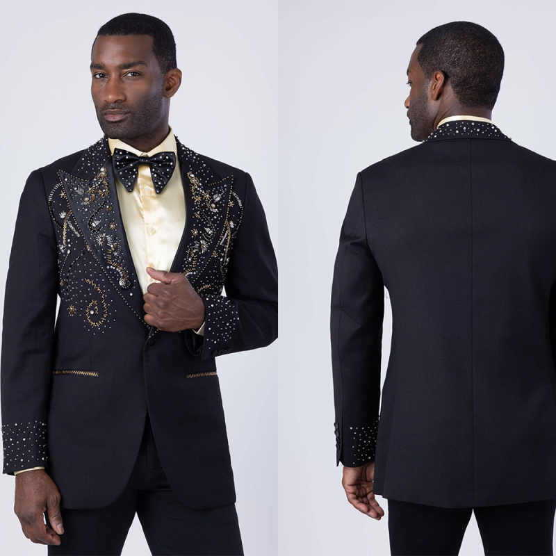 Shiny Embroidered Beaded Men Suits 2 Pieces Peaked Lapel Wedding Groom Tuxedos Prom Party Customized
