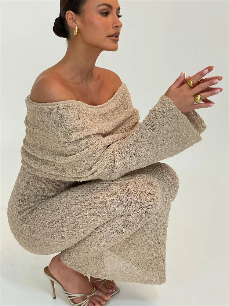 Tossy Knit Sweater Loose Maxi Dress Female Hollow Out Summer Patchwork High Waist Beach Holiday Dress Knitwear Long Dress 250806