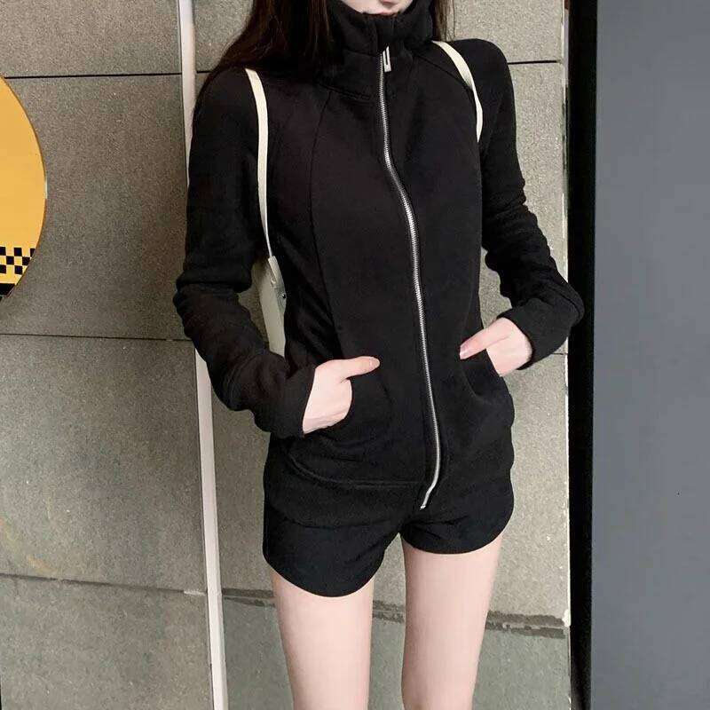 Cotton Sweatshirt for Women Spring Autumn Korean Versatile Trendy Sporty Slim Fit Hooded Coats Girls Grey Zipper Cardigan