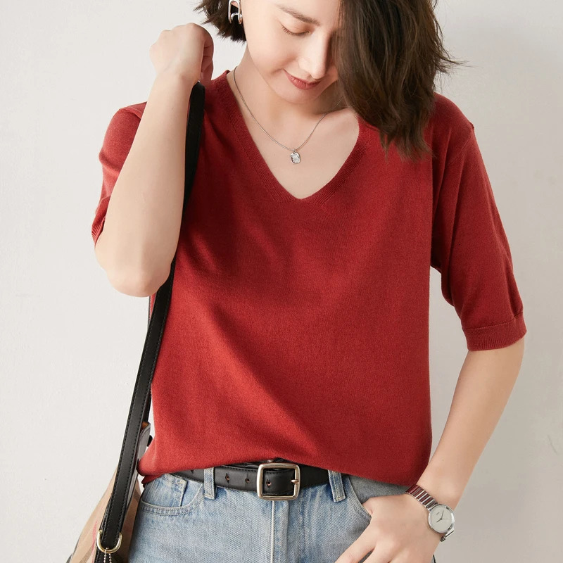 Arrival Summer Cashmere Wool Sweater Spring Summer Women Solid Short Sleeve V-neck Pullovers Knitted Sweaters 250801