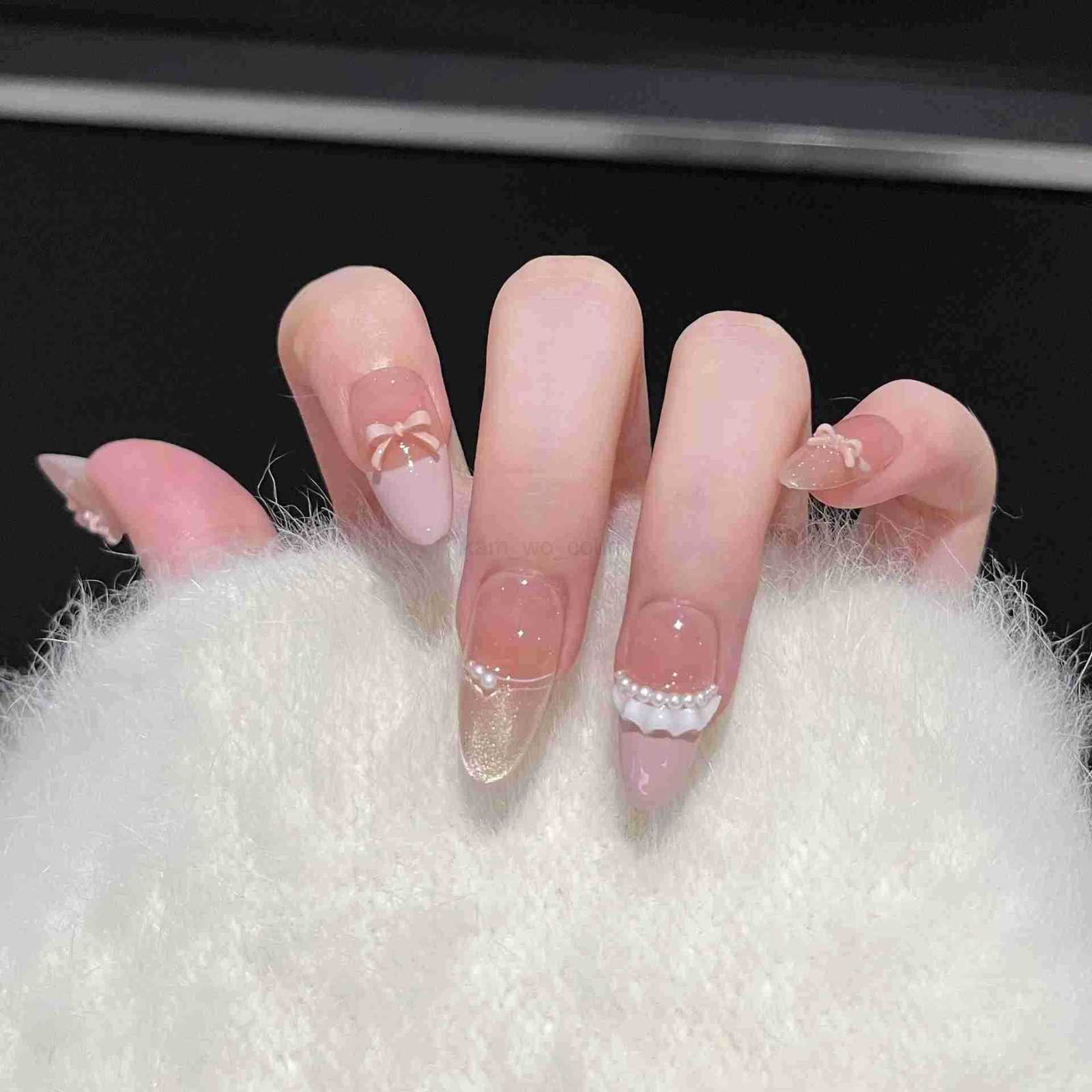 10Pcs Ballet Sweetheart False Nails Bowknot Pearl French Press on Nails Pink Almond Artificial Nail Art Handmade Lace Fake Nails M250807