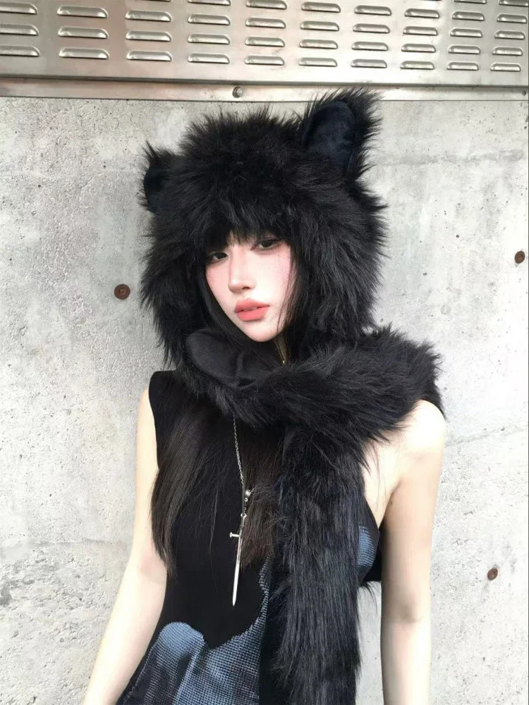 Japanese Kawaii Cute Fur Scarf Hat Winter Keep Warm Y2k Aesthetic Fashion Vintage Cap Bears Ears Women Hats Grunge Streetwear 250806