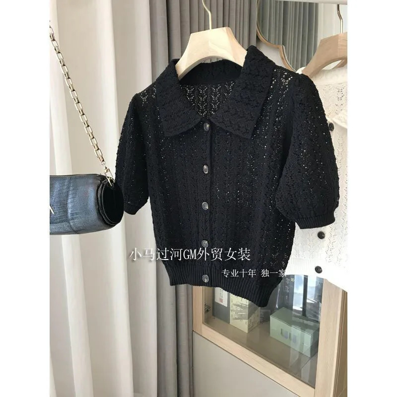 Summer French Lazy Style Hollow Out Polo Shirt Elegant Fashion Knit Short Sleeve Pullover Loose Solid Tops 250729