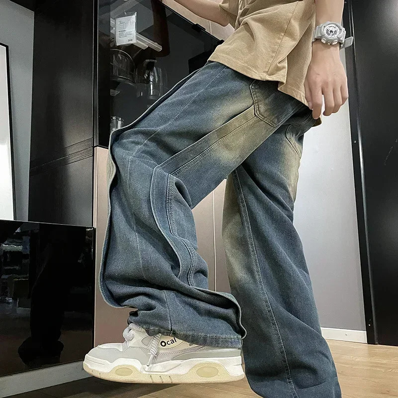 Autumn Vintage Fashion Spliced n Jeans For Men High Street Wideleg Denim Pants Hip Hop Baggy Y2K Jean Trousers 250807