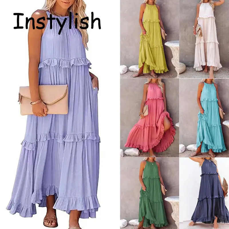 Women Casual Solid Ruffles Long Dress Summer Elegant Sleeveless Sundress Harajuku Maxi Beach Party Evening Vestido 250807
