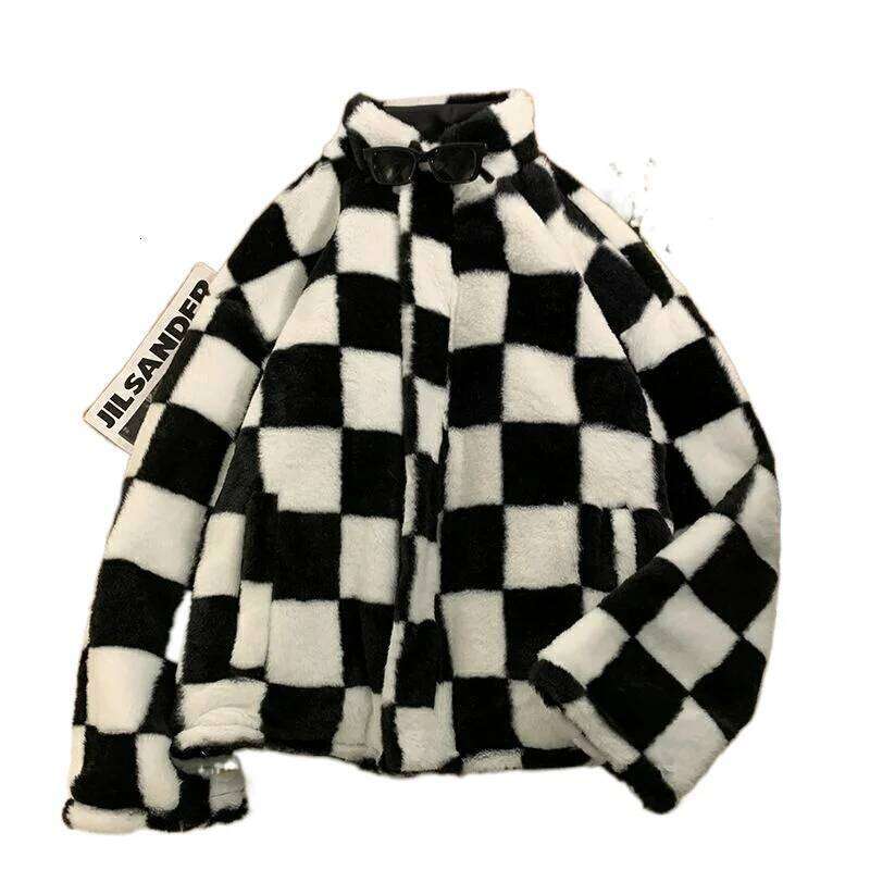 Designer Clothing 2025 Gmiixder Women Winter New Plaid Parkas Korean Loose Thickened Veet Letter Print PU Coat Double-Sided Checkerboard Plush Jacket