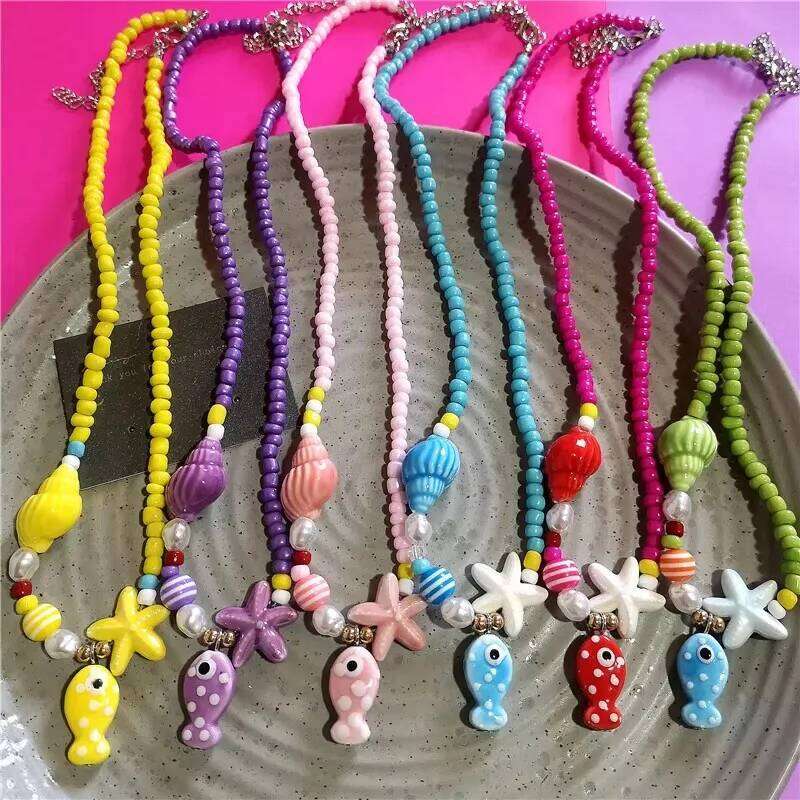 Bohemian Colorful Blue Pink Ceramic Fish Pendant Striped Beaded Summer Necklace For Women Seaside Vacation Party EMO Accessories