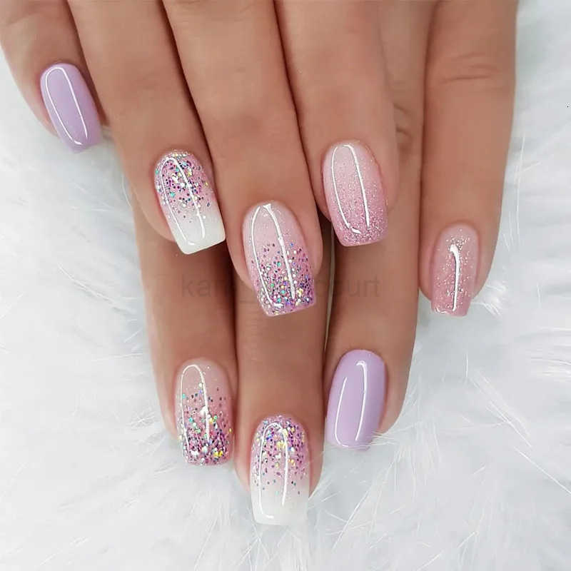 24Pcs Short False Nails with Shimmery Powder Ballet Nail Art Full Cover French Sheer Wearable Nail Manicure Tips for Girls Daily M250807