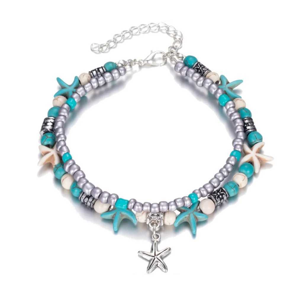Vintage Turquoise Starfish Turtle Foot Ornaments Beach Layer Beaded Hollow Double Anklet for women Valentines Day Gift Y250805