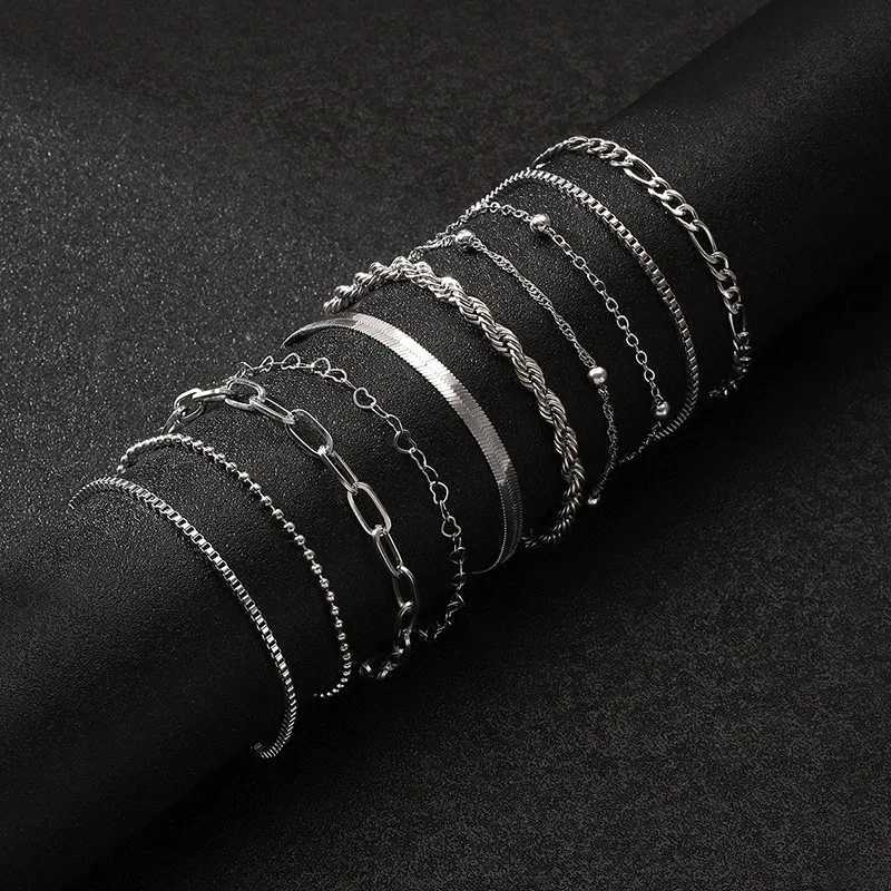 10 Pcs Vintage Statement Gold Color Flat Snake Chain Box Chain Bracelet Boho Multi-layer Metal Bracelet Womens Summer Jewelry W250807