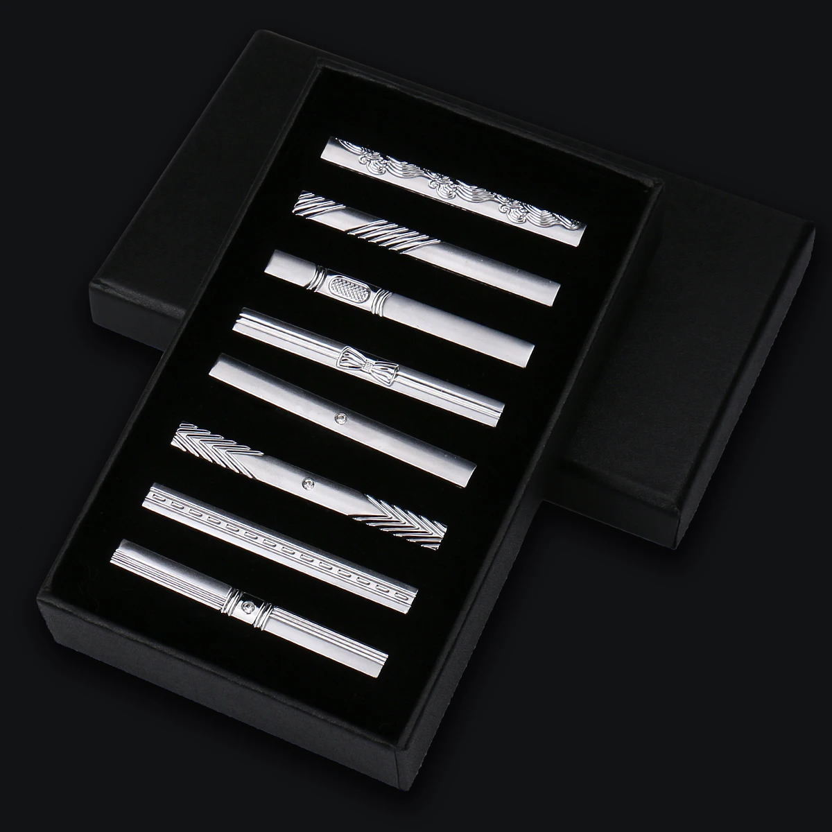 8pcs Tie Clips Metal Diamond With Box For Men Wedding Mens Necktie Clips Set Chrome Stainless Steel Jewelry Gentleman Ties Pin 250806
