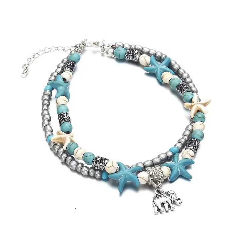 Vintage Turquoise Starfish Turtle Foot Ornaments Beach Layer Beaded Hollow Double Anklet for women Valentines Day Gift Y250805