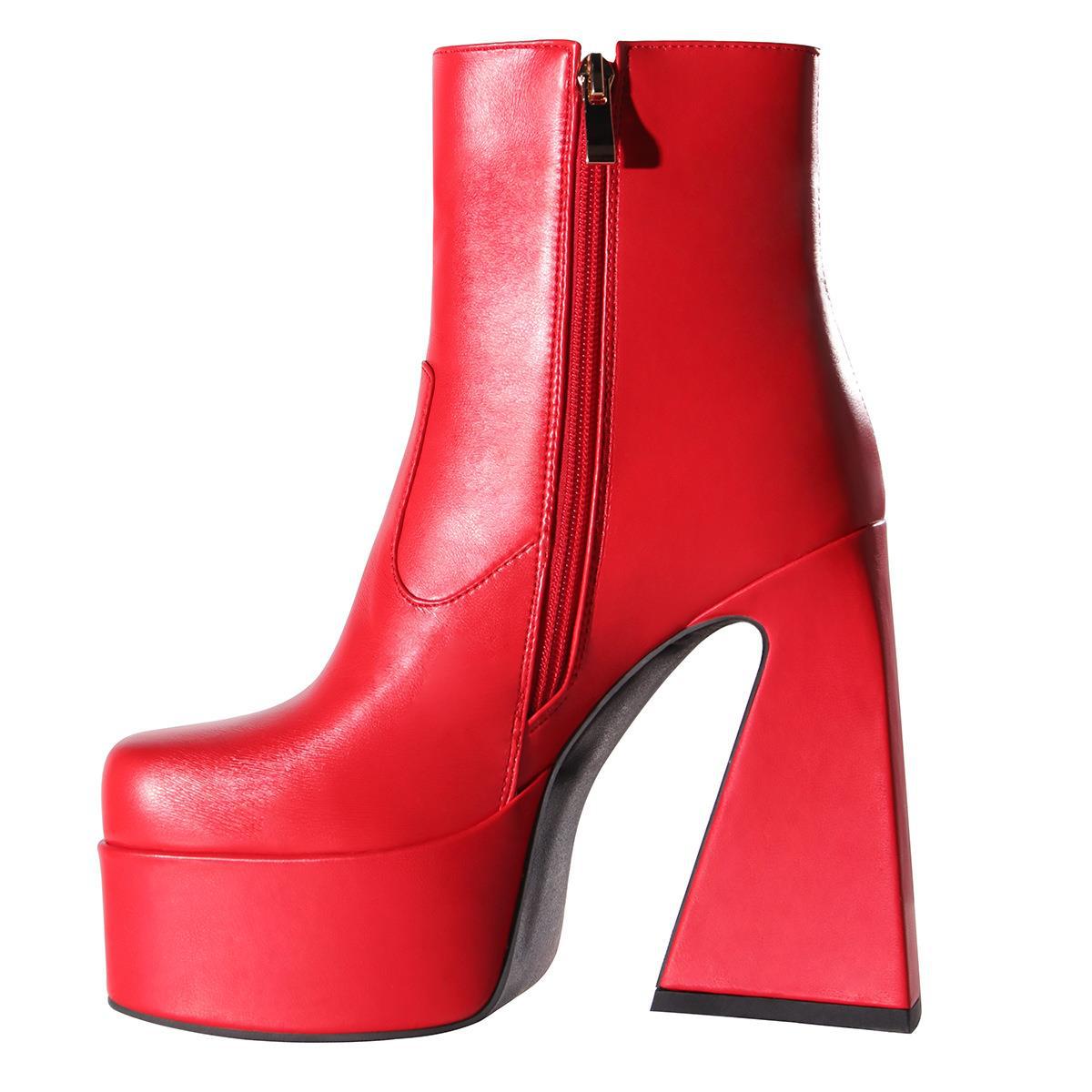 2025 New Sexy Platform Booties - Chunky Block Heel Ankle Boots Side Zipper Fashion Women Shoes (White/Red/Black White Check)