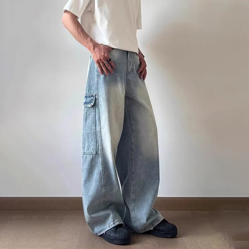 Mens Side Multipocket Straight WideLeg Jeans Hip Hop Fashion Cargo Denim Pants Y2K Vintage Streetwear Baggy Jean 250807