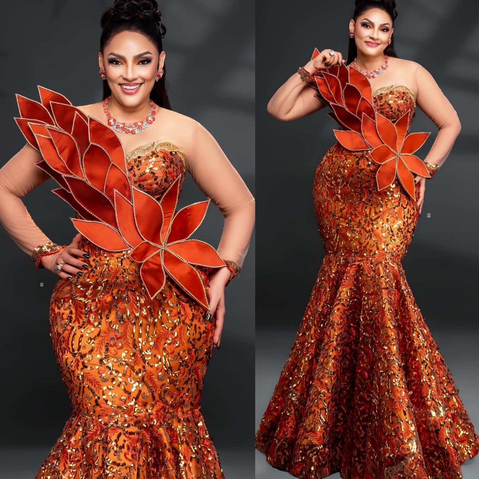 Mermaid Orange Prom Dresses 2025 Florals Sequined Lace Sheer Neck Evening Formal Party Second Birthday Engagement Gowns Plus Size Dress For Special Oc