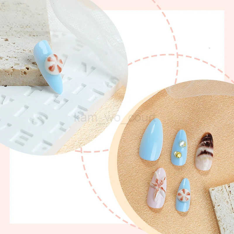 24pcs 3D Sea Shells Decor Fake Nails Ins Blue Sea Starfish Press-on Nails Full Cover Wearable French Almond False Nail Tips M250807