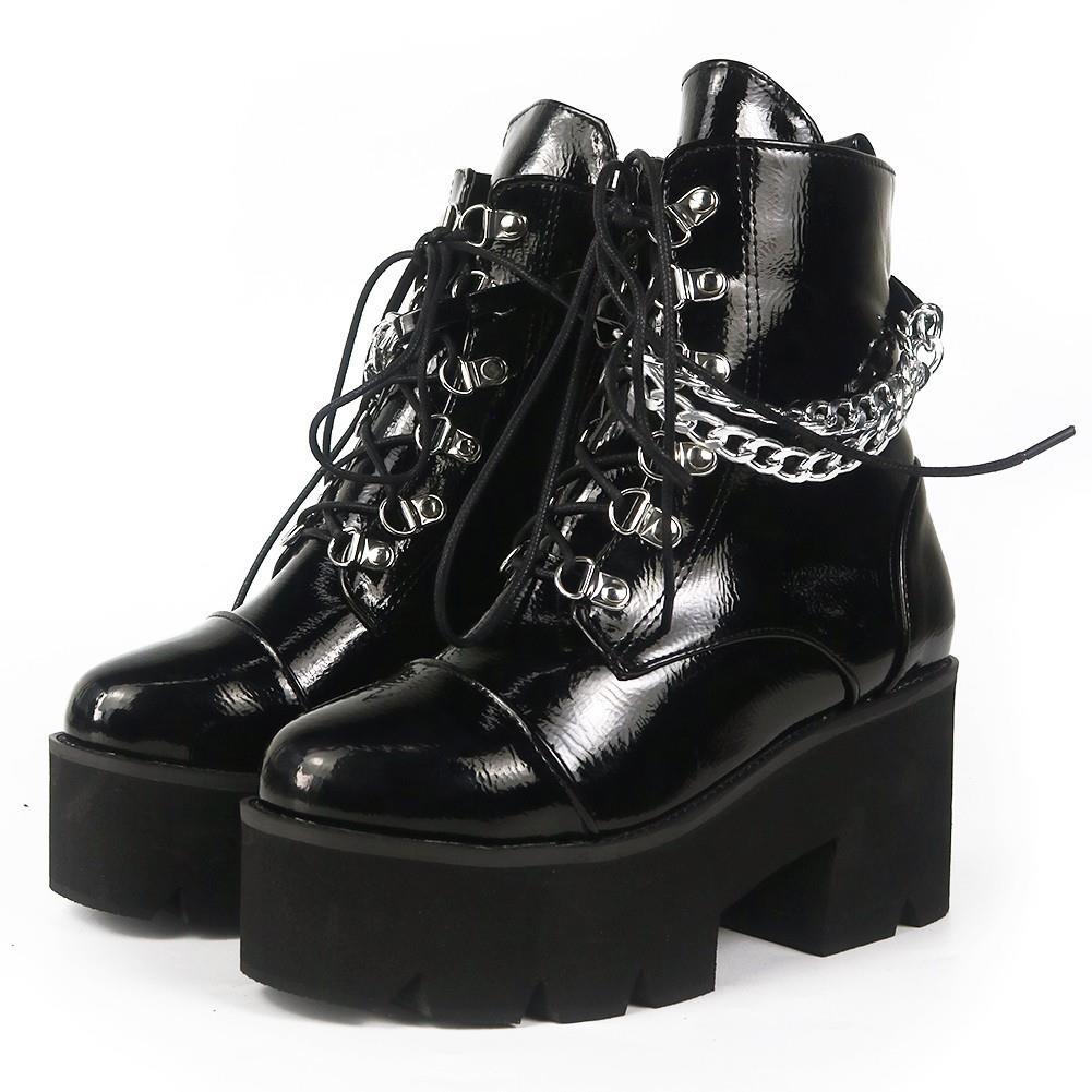 Women's Chunky Platform Stiletto Ankle Boots Round Toe Gothic Martin Boots with Chain Detail (Jet Black)