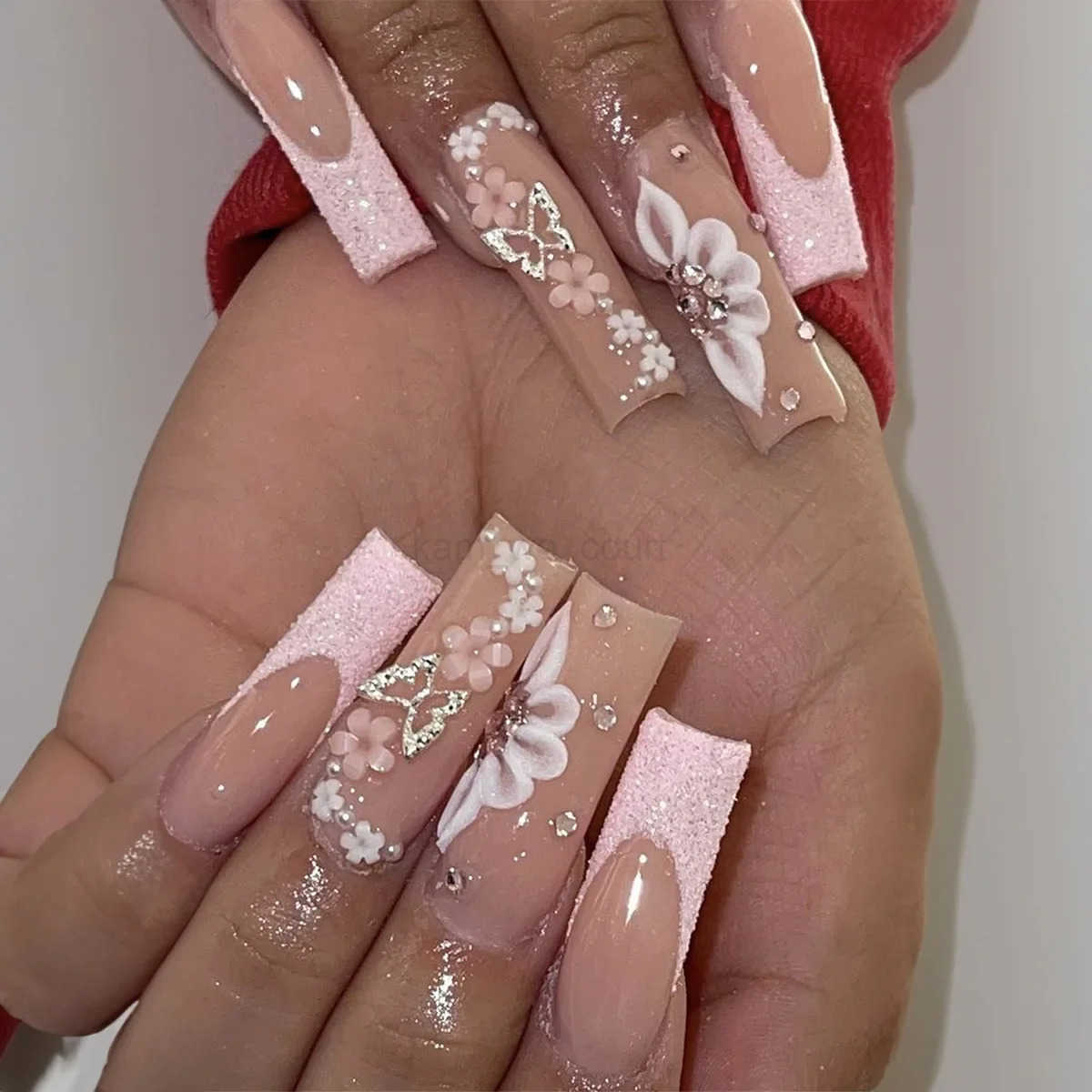 24Pcs Extra Long Square Fake Nails with Glue 3D Little Bear Bow Design False Nails White French Press on Nails Wearable Manicure M250807