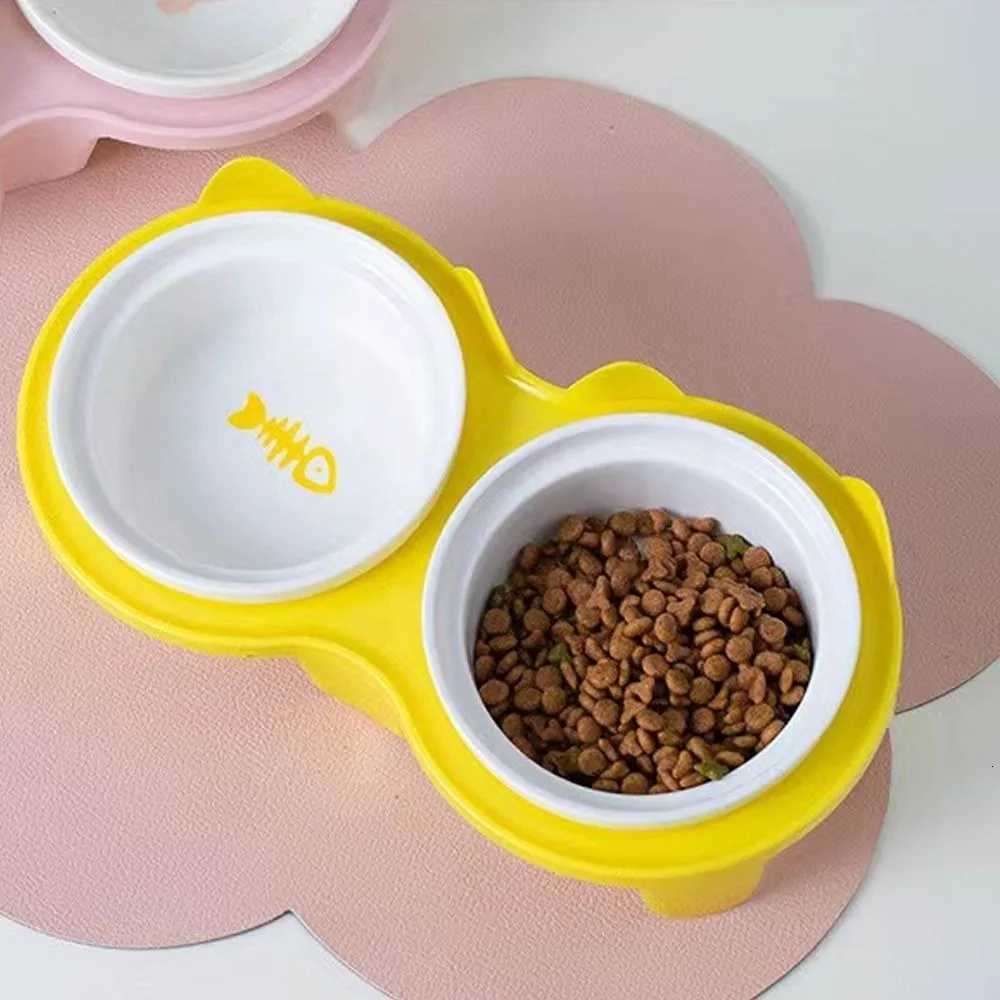 Colorful Cat Bowl Double Bowl Ceramic Pet Feeding Bowl Cervical Protection High Foot Diagonal Cat Food Pot For Drinking Feeding Y250806