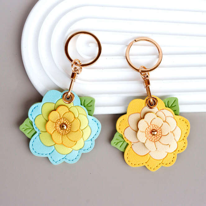 DHessentials Elegant Camellia Keychain & Badge Holder - Leather Card Case with Alloy Flower Charm for Keys/Purse (6.4cm, 15g)