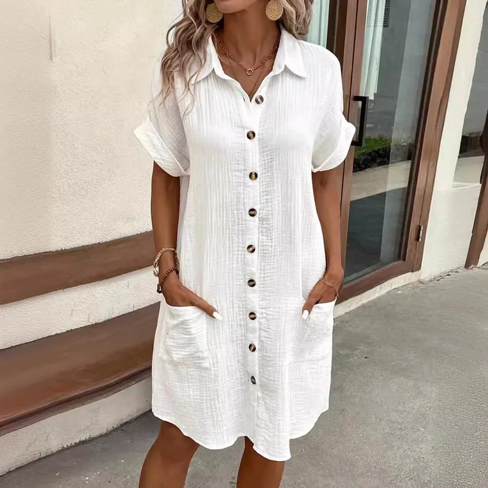 Fashionable Spring/Summer Minimalist V-neck Button Dress Elegant Womens Yellow Short Sleeved Flip Collar Pocket Shirt Dress 250806