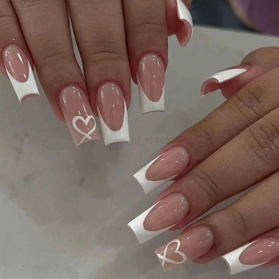 Light Pink Fake Nails Mid-Length Square Head Press-On Nails Love Heart Printed Diamond Designs French Style False Nails Tips Z250807