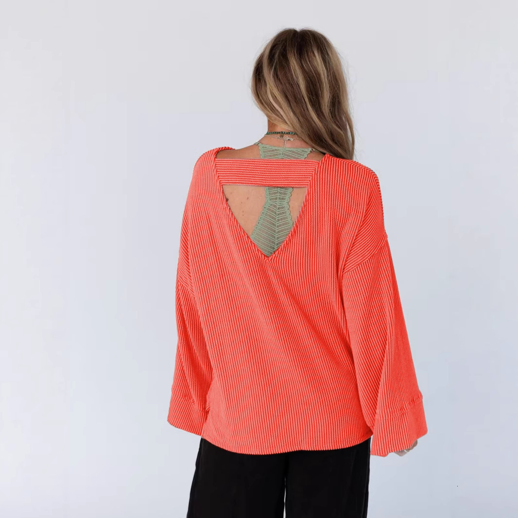 Women's Hollow Out Twisted Ribbed Long Sleeve T-Shirt Trendy Loose Casual Commuter Top