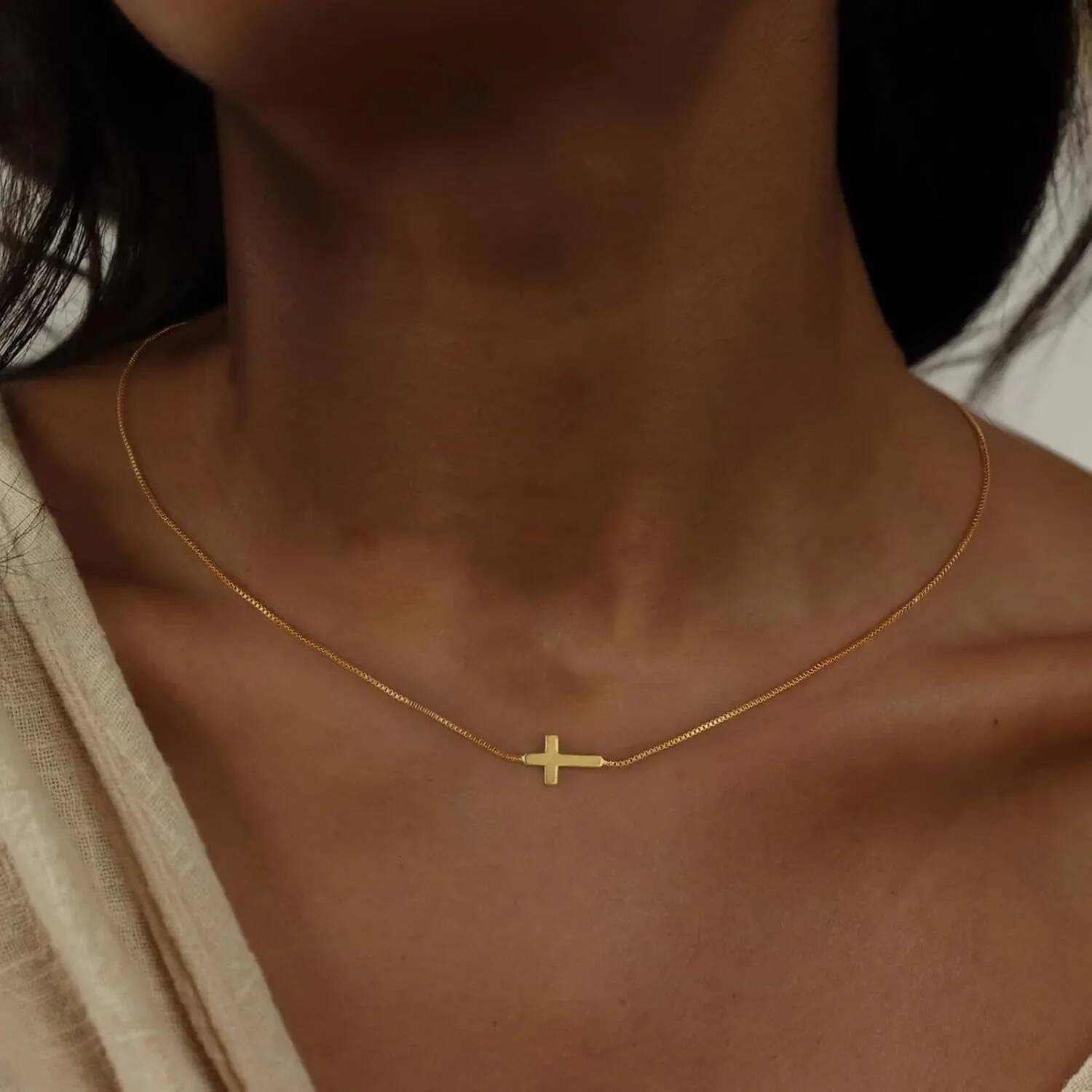 for Women 14K Gold Plated Small Cross Pendant Choker Simple Trendy Charm Chain Necklace Jewelry Religious Gift Jewelry for Women