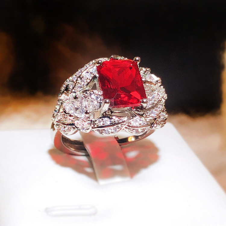 Square Red Gem Ring With Twisted Leaf & Sparkling Stone Accents Glam Evening And Engagement Accessory Gift For Her Luxurious And Dazzling Jewelry