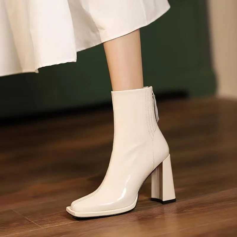 2025 New Autumn Winter Ankle Boots Women High Heel Boots Thick Heel Short Boots Square Shoes Black Shoes XJ250807
